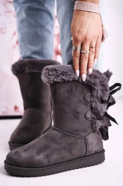 Damskie Śniegowce Ze Wstążką Ocieplone Futerkiem Szare Kaylee