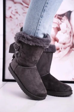 Damskie Śniegowce Ze Wstążką Ocieplone Futerkiem Szare Kaylee