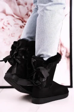 Damskie Śniegowce Ze Wstążką Ocieplone Futerkiem Czarne Kaylee