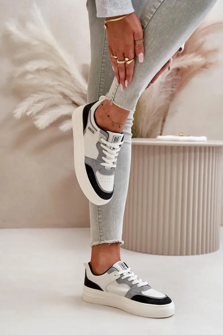 Damskie Niskie Sneakersy Z Eko Skóry Big Star OO274028 Biało-Szare