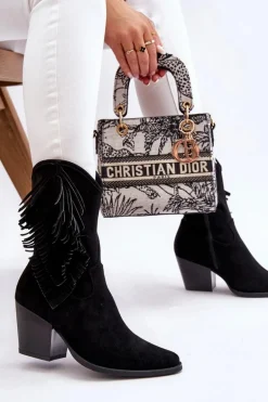 Damskie Niskie Zamszowe Kozaki Kowbojki Czarne Elyse