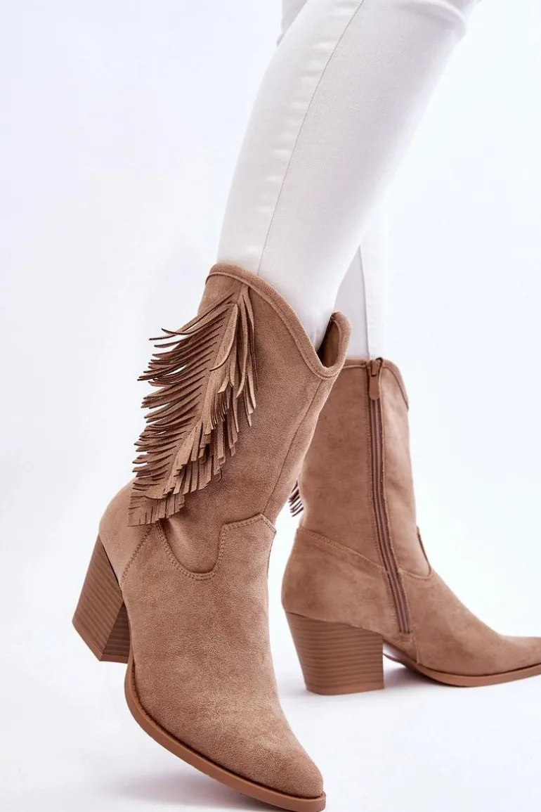 Damskie Niskie Zamszowe Kozaki Kowbojki Beżowe Elyse