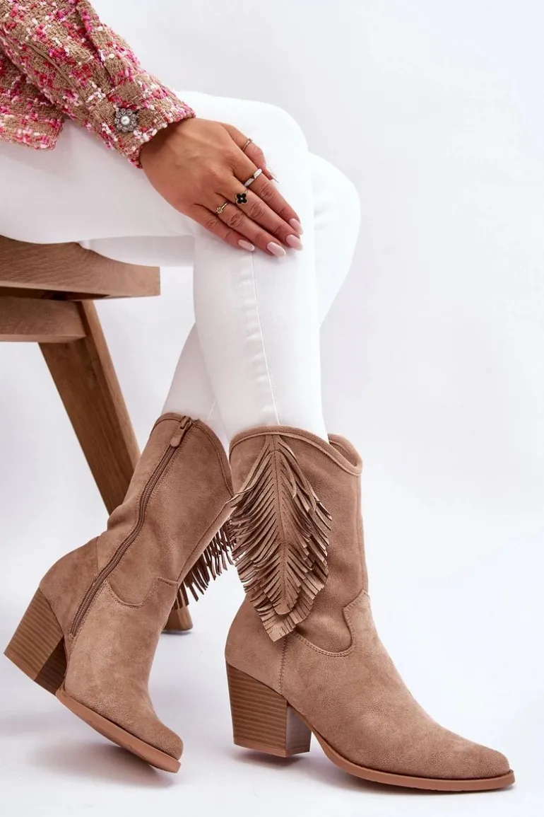 Damskie Niskie Zamszowe Kozaki Kowbojki Beżowe Elyse