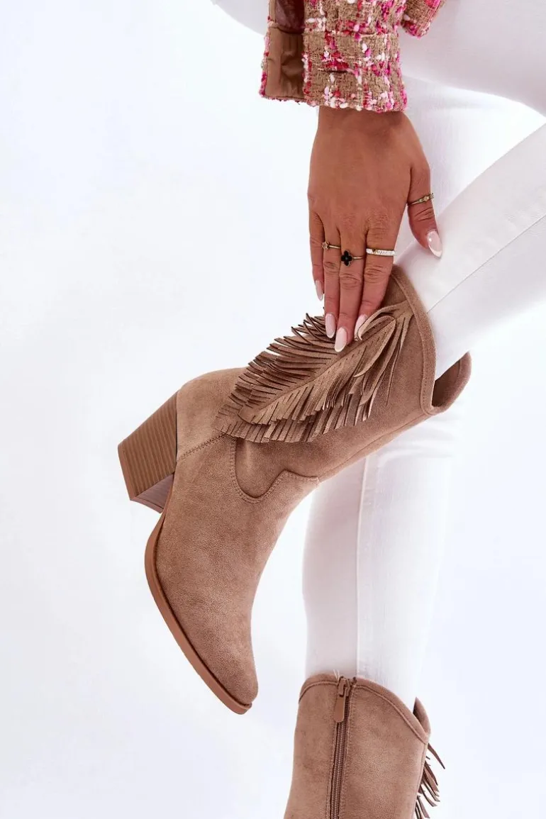 Damskie Niskie Zamszowe Kozaki Kowbojki Beżowe Elyse