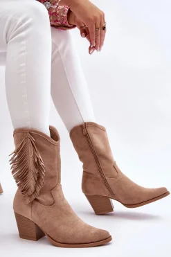 Damskie Niskie Zamszowe Kozaki Kowbojki Beżowe Elyse