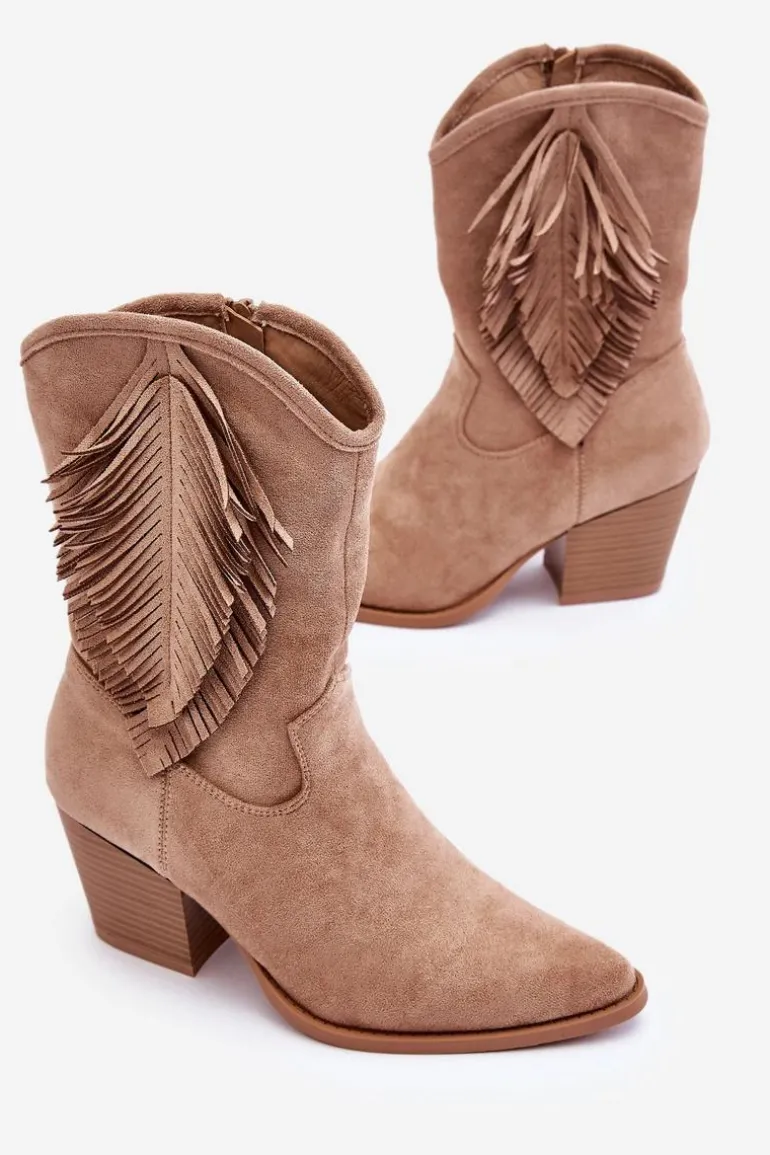 Damskie Niskie Zamszowe Kozaki Kowbojki Beżowe Elyse