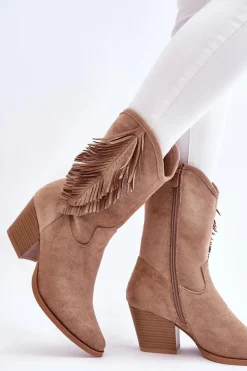 Damskie Niskie Zamszowe Kozaki Kowbojki Beżowe Elyse