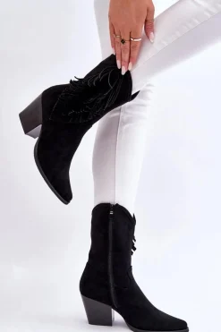 Damskie Niskie Zamszowe Kozaki Kowbojki Czarne Elyse