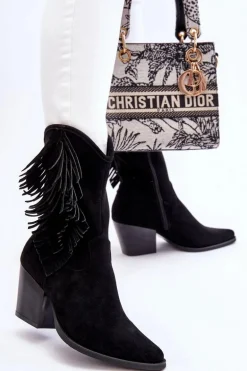 Damskie Niskie Zamszowe Kozaki Kowbojki Czarne Elyse