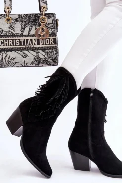 Damskie Niskie Zamszowe Kozaki Kowbojki Czarne Elyse