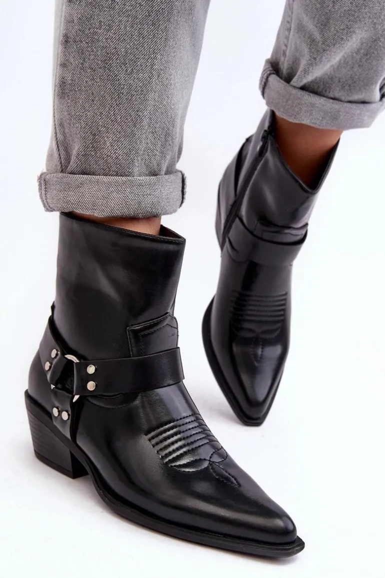 Damskie Ocieplane Botki Kowbojki Czarne Venosa