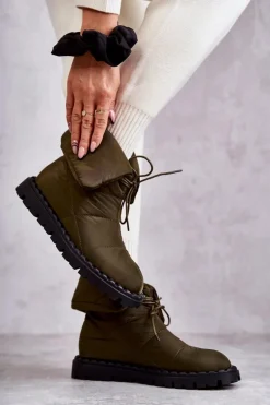 Damskie Ocieplane Botki Materiałowe Zielone Emelie