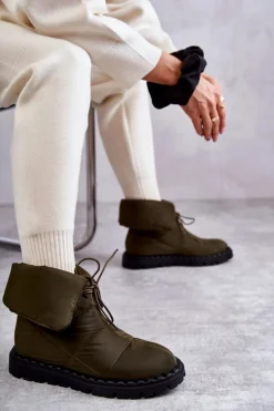 Damskie Ocieplane Botki Materiałowe Zielone Emelie