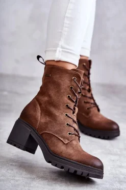 Damskie Ocieplane Botki Na Obcasie Brązowe Grethe