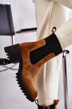 Damskie Ocieplane Botki Na Obcasie Camel Abella