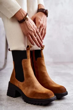 Damskie Ocieplane Botki Na Obcasie Camel Abella