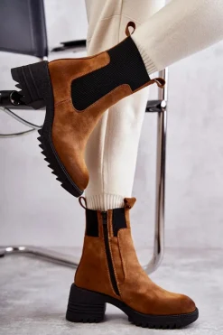 Damskie Ocieplane Botki Na Obcasie Camel Abella