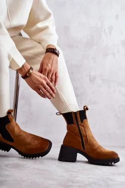 Damskie Ocieplane Botki Na Obcasie Camel Abella