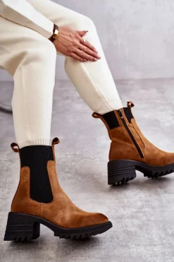 Damskie Ocieplane Botki Na Obcasie Camel Abella