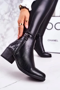 Damskie Ocieplane Botki Na Obcasie Print Zwierzęcy Czarne Confidence