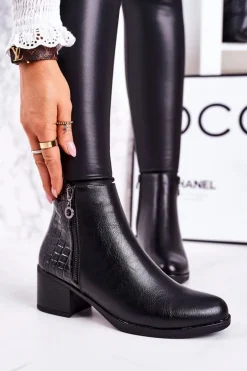 Damskie Ocieplane Botki Na Obcasie Print Zwierzęcy Czarne Confidence