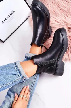 Damskie Ocieplane Botki Na Gumowej Podeszwie Czarne Moon Walk