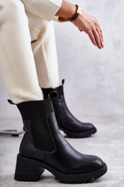 Damskie Ocieplane Botki Na Obcasie Czarne Abella