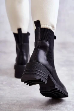 Damskie Ocieplane Botki Na Obcasie Czarne Abella