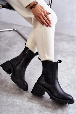 Damskie Ocieplane Botki Na Obcasie Czarne Abella