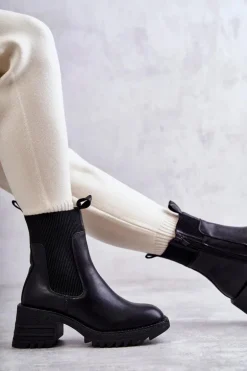 Damskie Ocieplane Botki Na Obcasie Czarne Abella