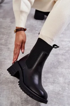 Damskie Ocieplane Botki Na Obcasie Czarne Abella