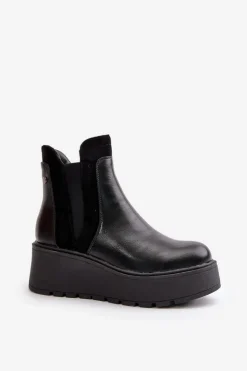 Damskie Ocieplane Botki Na Platformie I Koturnie Czarne Mivanira