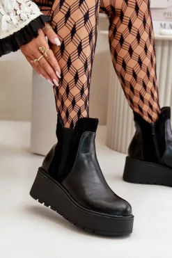 Damskie Ocieplane Botki Na Platformie I Koturnie Czarne Mivanira