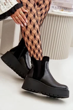 Damskie Ocieplane Botki Na Platformie I Koturnie Czarne Mivanira