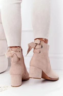 Damskie Ocieplane Botki Na Słupku Beżowe Kayla