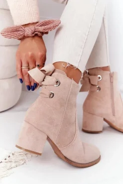 Damskie Ocieplane Botki Na Słupku Beżowe Kayla