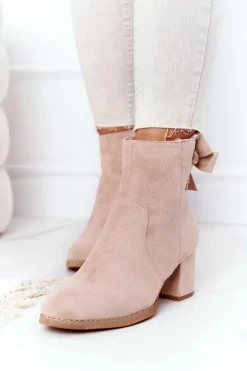 Damskie Ocieplane Botki Na Słupku Beżowe Kayla