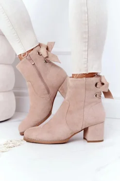 Damskie Ocieplane Botki Na Słupku Beżowe Kayla