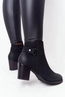 Damskie Ocieplane Botki Na Słupku Nubuk Czarne Unstoppable