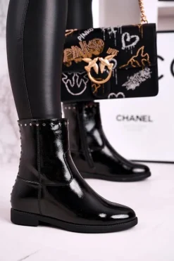 Damskie Ocieplane Botki Na Koturnie Lakierowane Czarne Performance