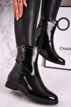 Damskie Ocieplane Botki Na Koturnie Lakierowane Czarne Performance