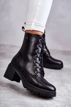 Damskie Ocieplane Botki Na Obcasie Czarne Grethe