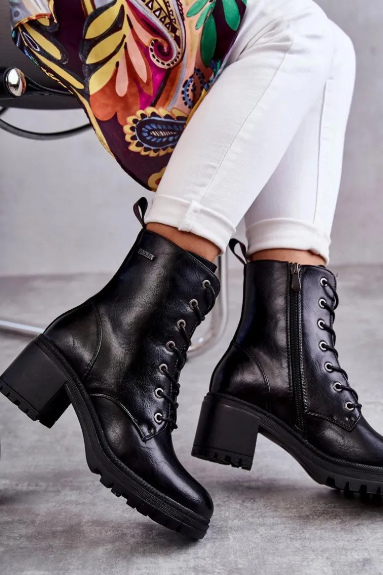 Damskie Ocieplane Botki Na Obcasie Czarne Grethe