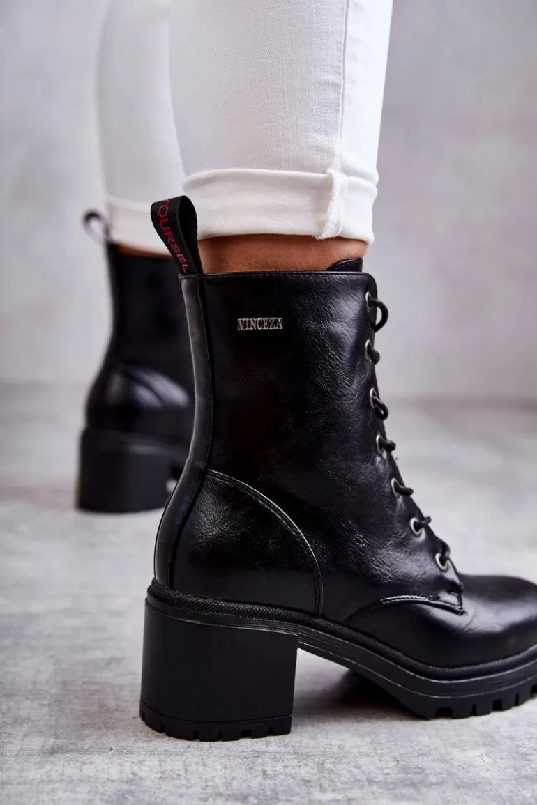 Damskie Ocieplane Botki Na Obcasie Czarne Grethe