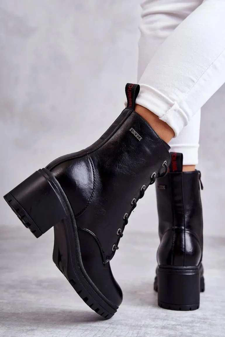 Damskie Ocieplane Botki Na Obcasie Czarne Grethe