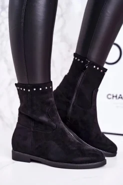 Damskie Ocieplane Botki Na Koturnie Zamszowe Czarne Performance