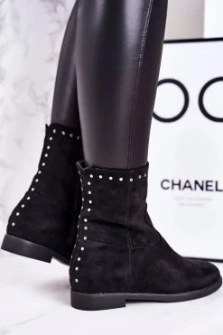 Damskie Ocieplane Botki Na Koturnie Zamszowe Czarne Performance