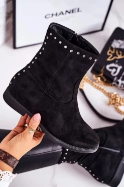Damskie Ocieplane Botki Na Koturnie Zamszowe Czarne Performance