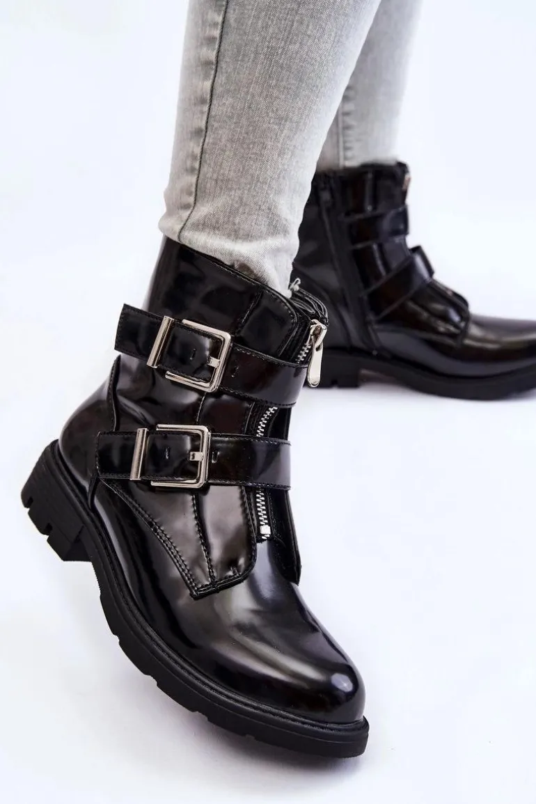 Damskie Ocieplane Botki Na Płaskim Obcasie Z Suwakiem Czarne Joshie