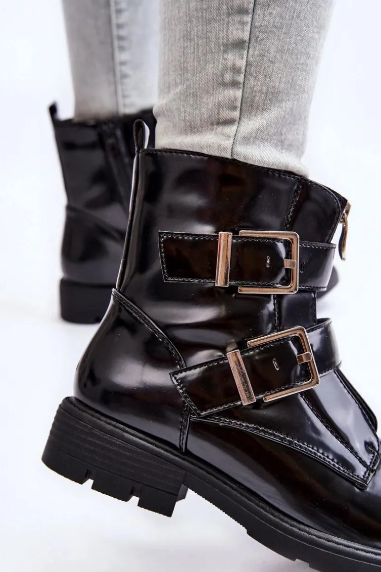 Damskie Ocieplane Botki Na Płaskim Obcasie Z Suwakiem Czarne Joshie